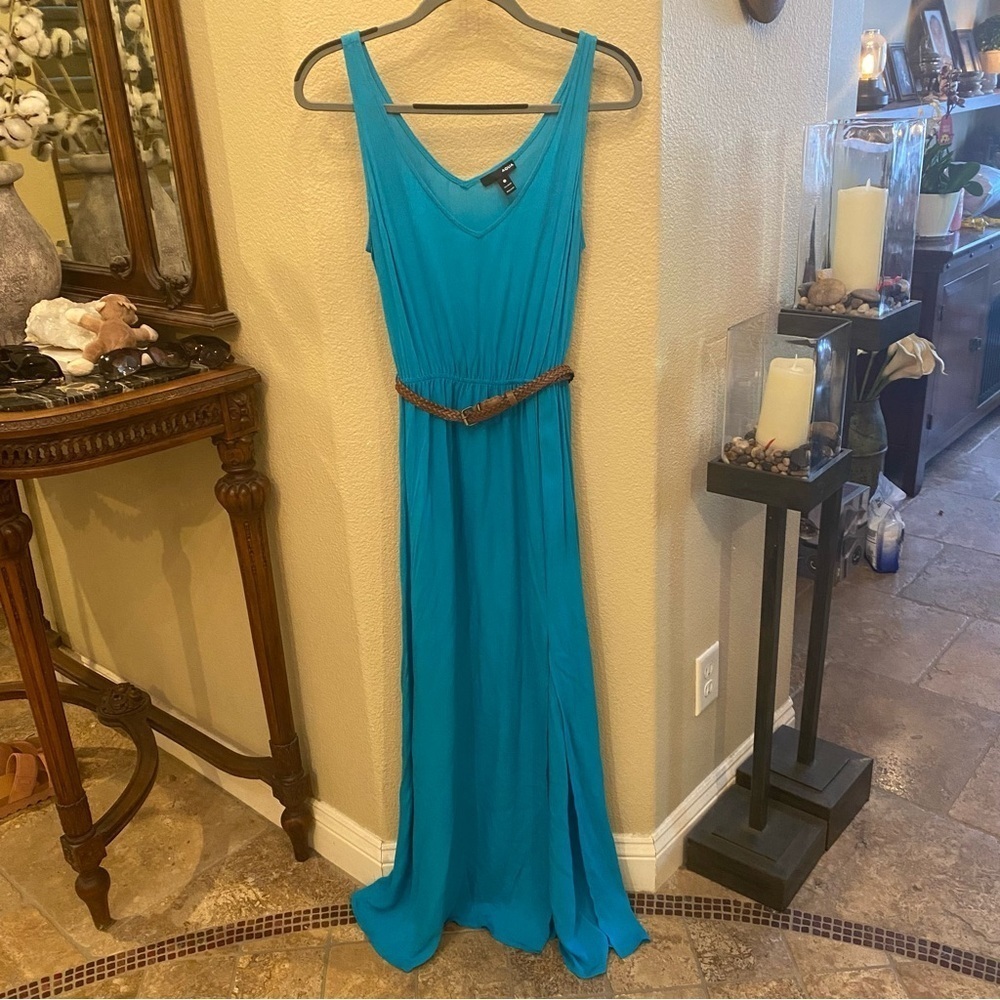 AQUA Women Teal Turquoise Belted Slit Maxi Dress Size Small
